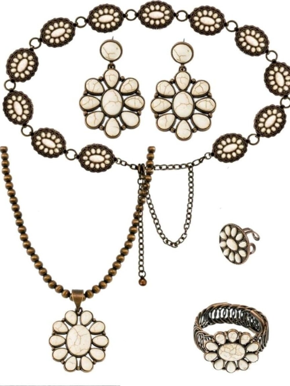 4 Pcs Rustic Turquoise Western Jewelry Set for Women - Vintage Necklace, Belt